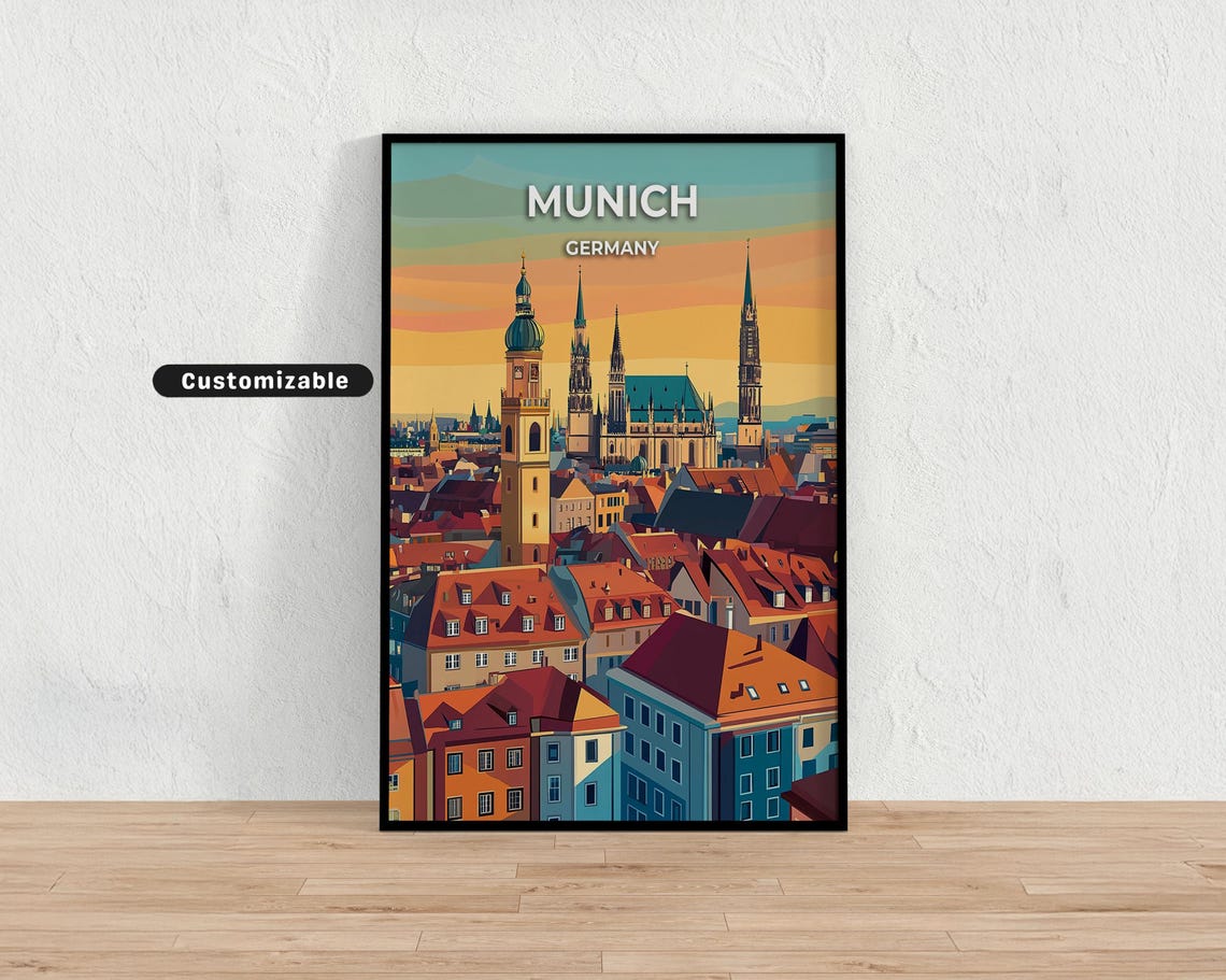Munich Germany Old Town Rooftops Church Towers Sunset Travel Poster