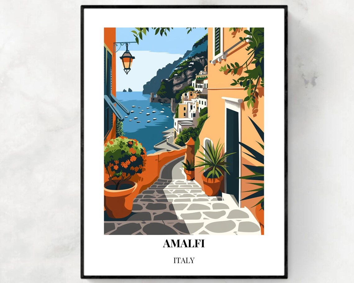 Amalfi Italy Sunlit Coastal Alley Steps to the Sea Vintage Poster