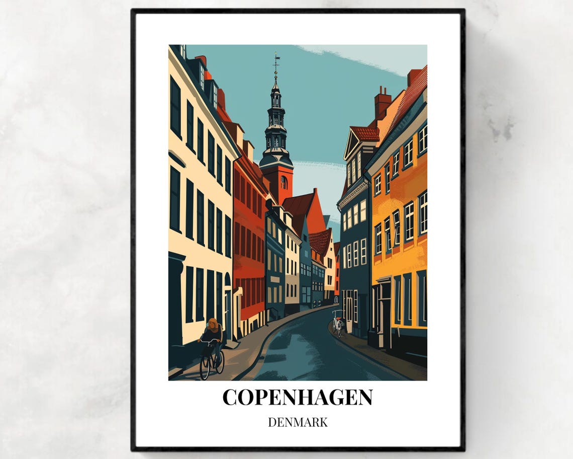 Copenhagen Denmark Charming Old Street Vintage City Travel Poster