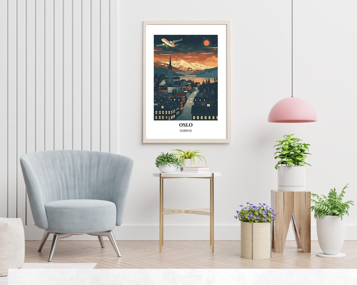 Oslo Norway Glowing Night Skyline With Airplane Travel Poster - Image 2