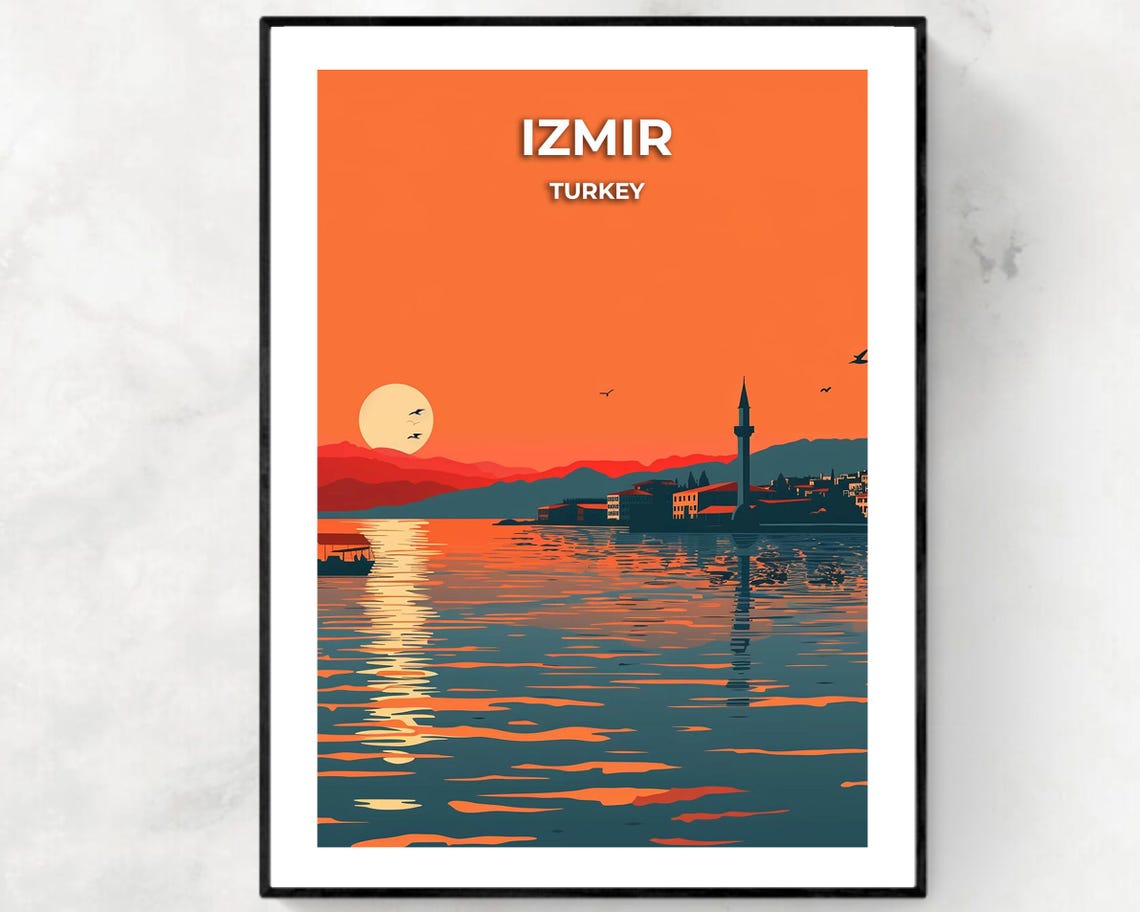 Izmir Turkey Golden Sunset Harbor Waterfront Vintage Travel Poster