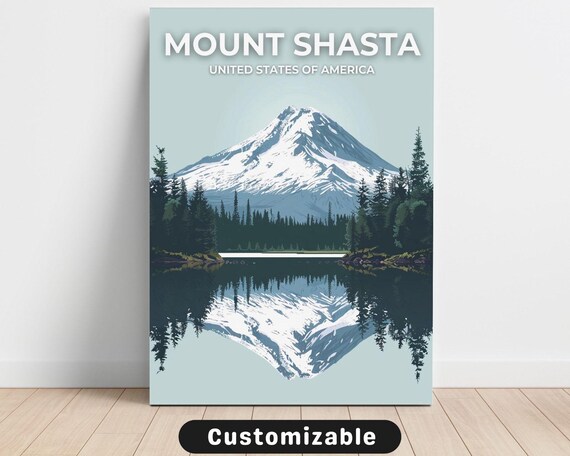 Mount Shasta Snow Peak Lake Reflection Vintage Travel Poster