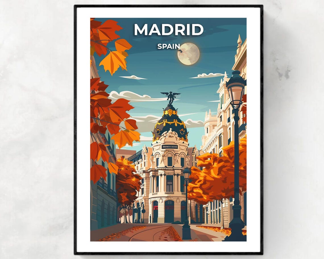 Madrid Spain Autumn Night Poster with Metropolis Building and Moon