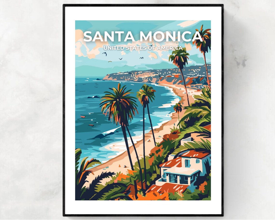 Santa Monica California Coast Beach Scene Retro Travel Poster