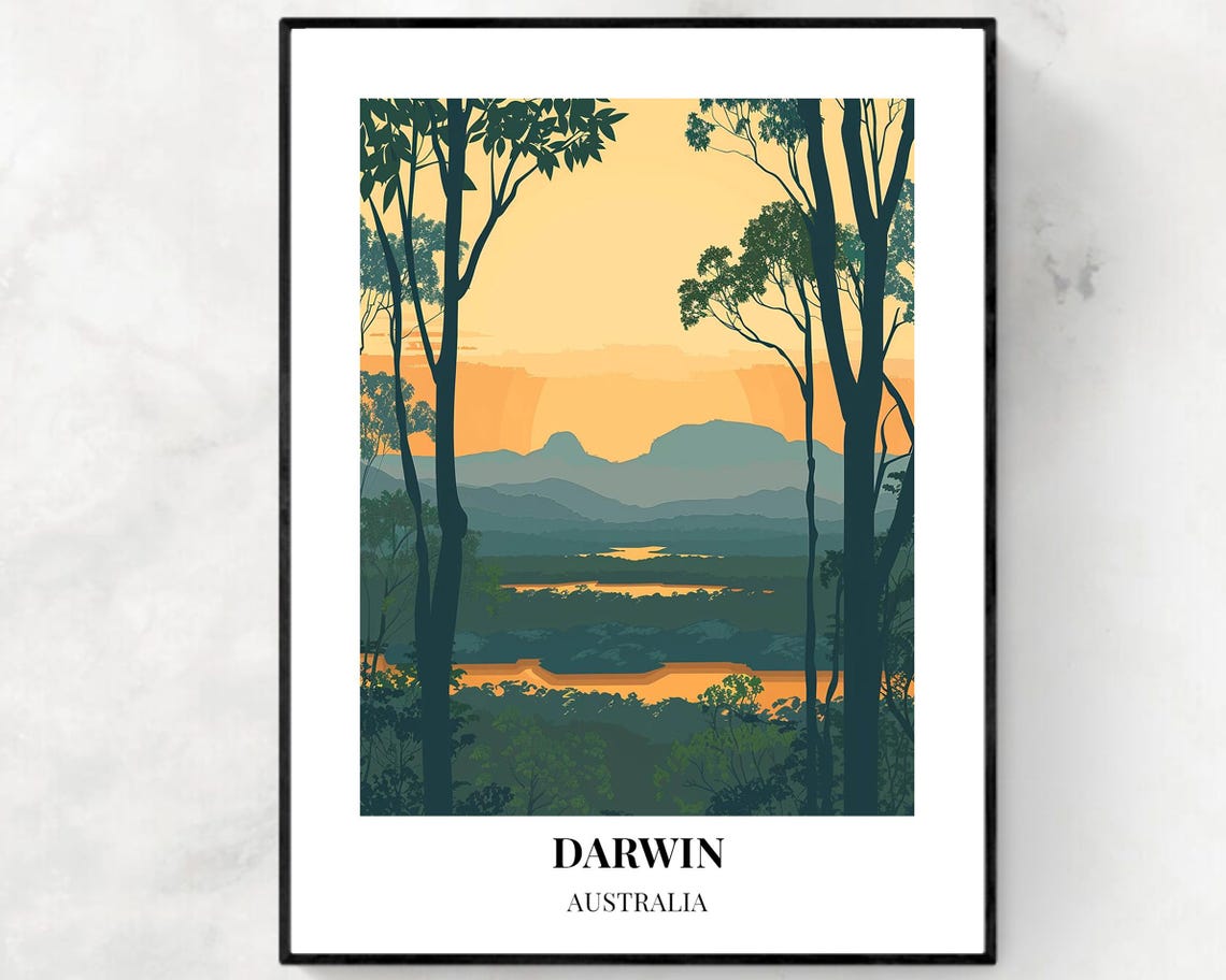 Darwin Australia Outback Sunset Escarpment Retro Travel Poster