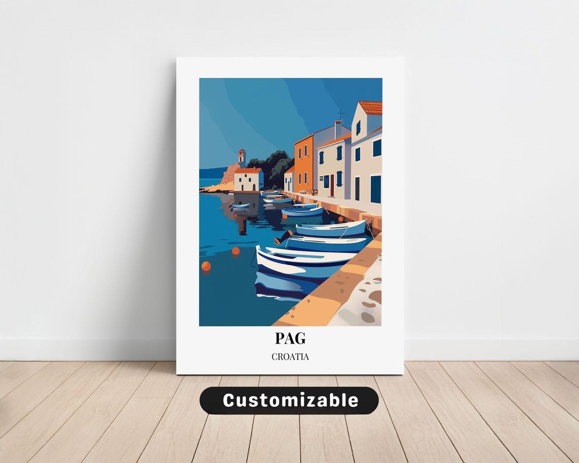 Pag Croatia Coastal Harbor Boats Retro Travel Illustration Poster