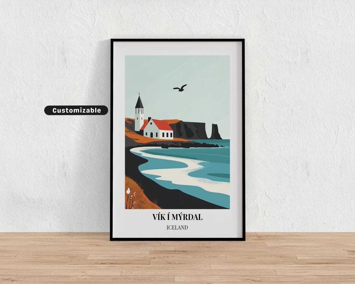 Vik i Myrdal Iceland Black Sand Beach Church Coast Travel Art Poster