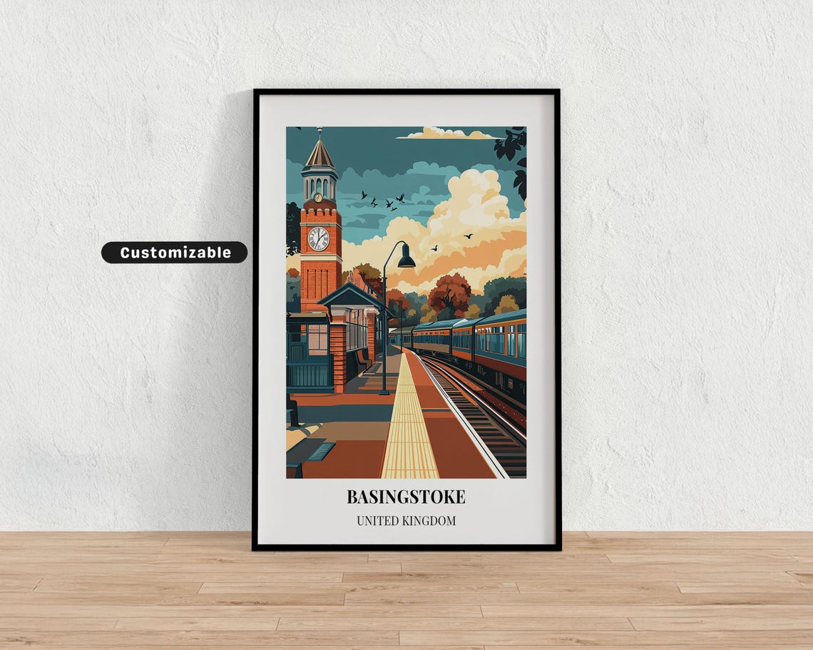 Basingstoke United Kingdom Train Station Clock Tower Travel Poster