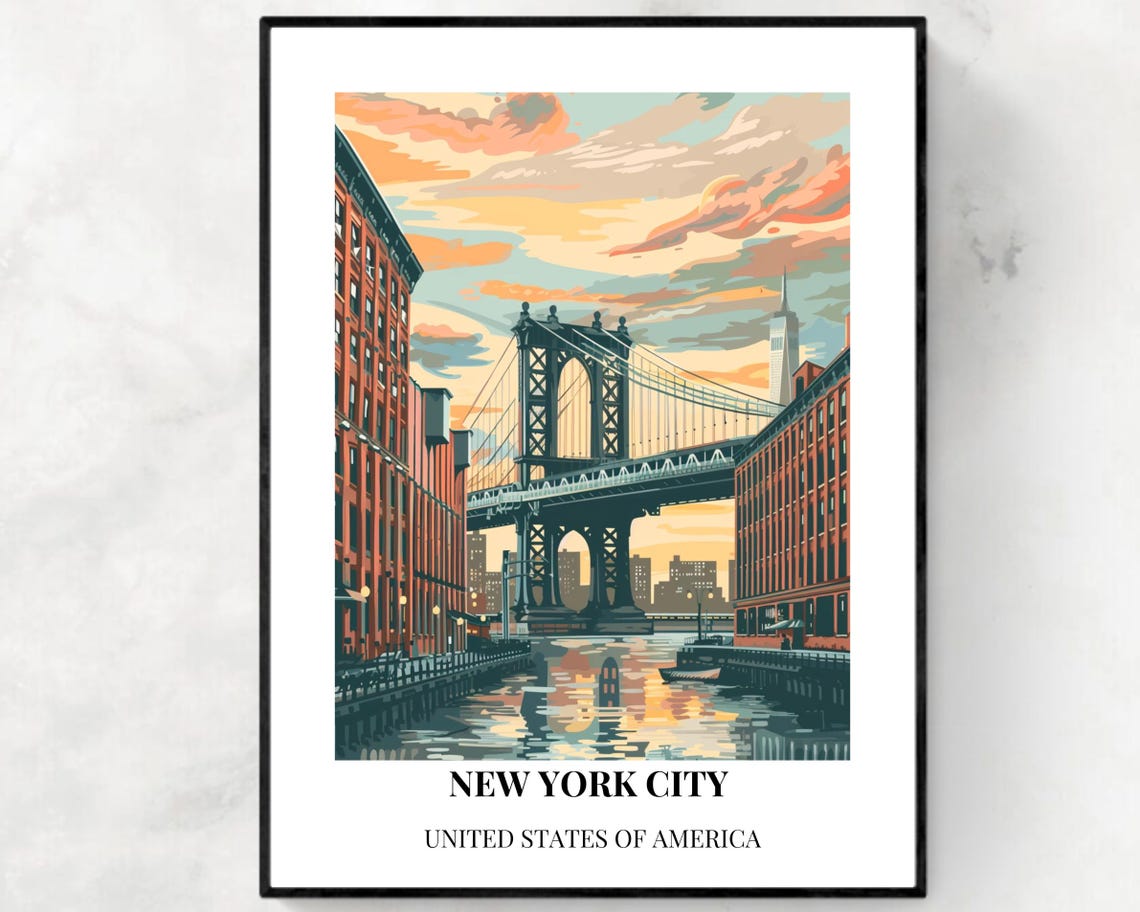 New York City Manhattan Bridge Sunset DUMBO View Travel Poster