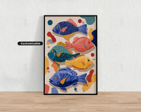 Playful Ceramic Fish On Wall With Abstract Background Mediterranean Colorful Art Tropical Illustration Print Modern Boho Home Dec