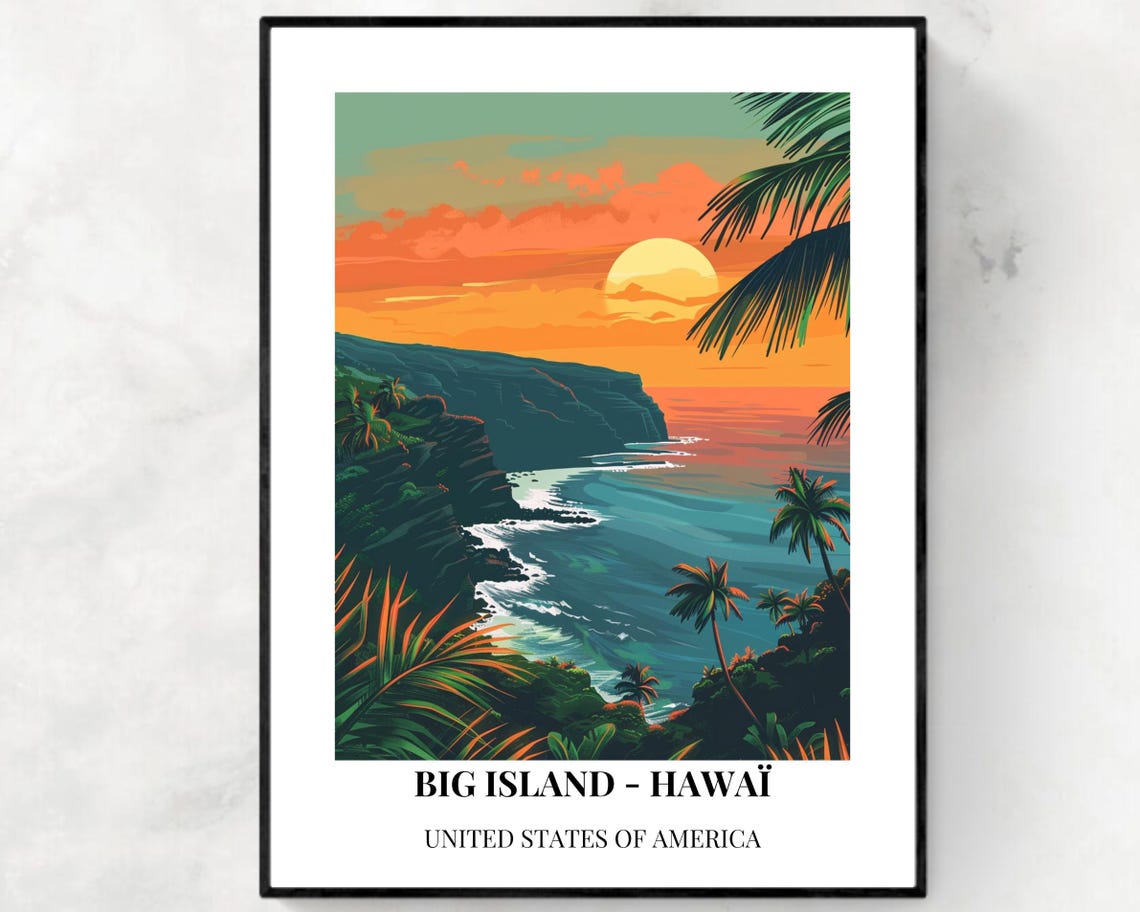 Big Island Hawaii Sunset Coast Palm Cliffs Ocean Golden Poster
