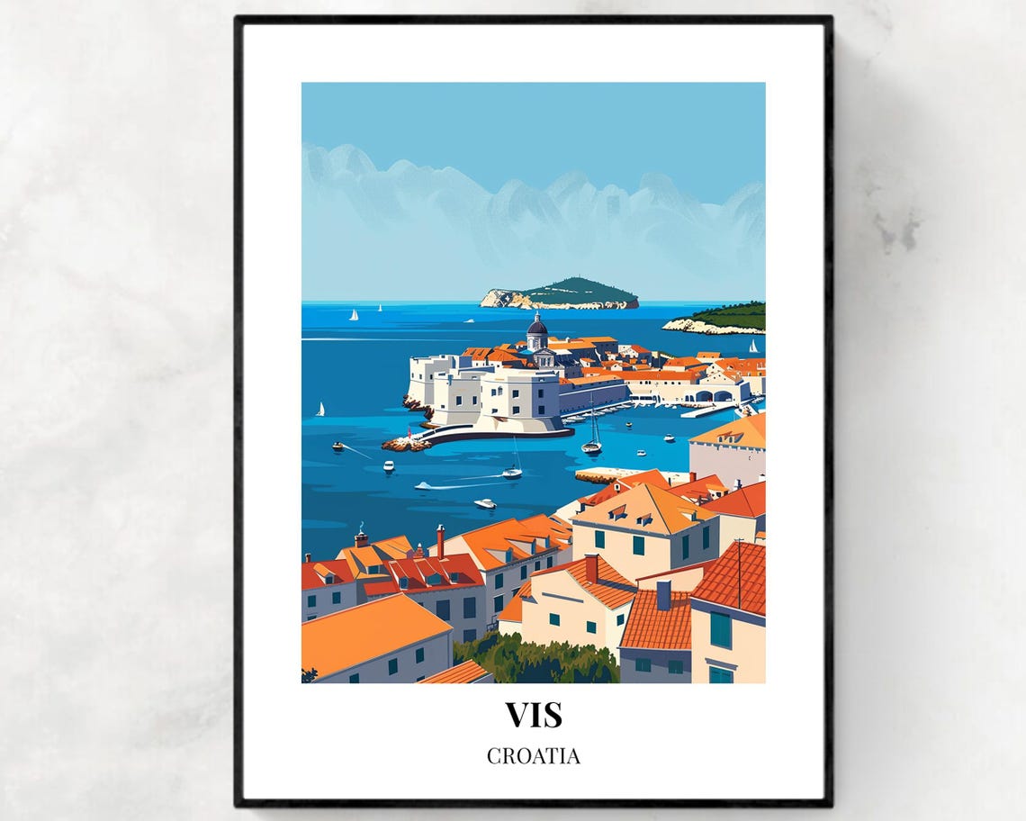 Vis Croatia Old Town Harbor and Orange Rooftops Travel Poster