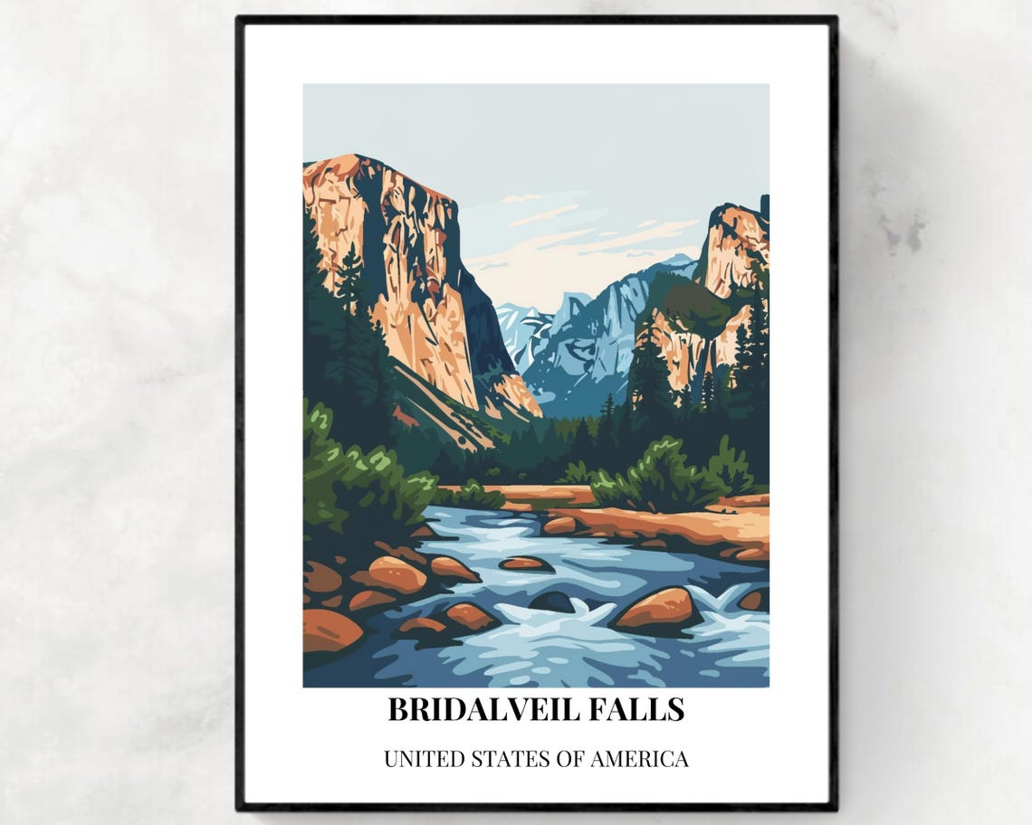 Bridalveil Falls Yosemite Valley Cliff River Vintage Travel Poster