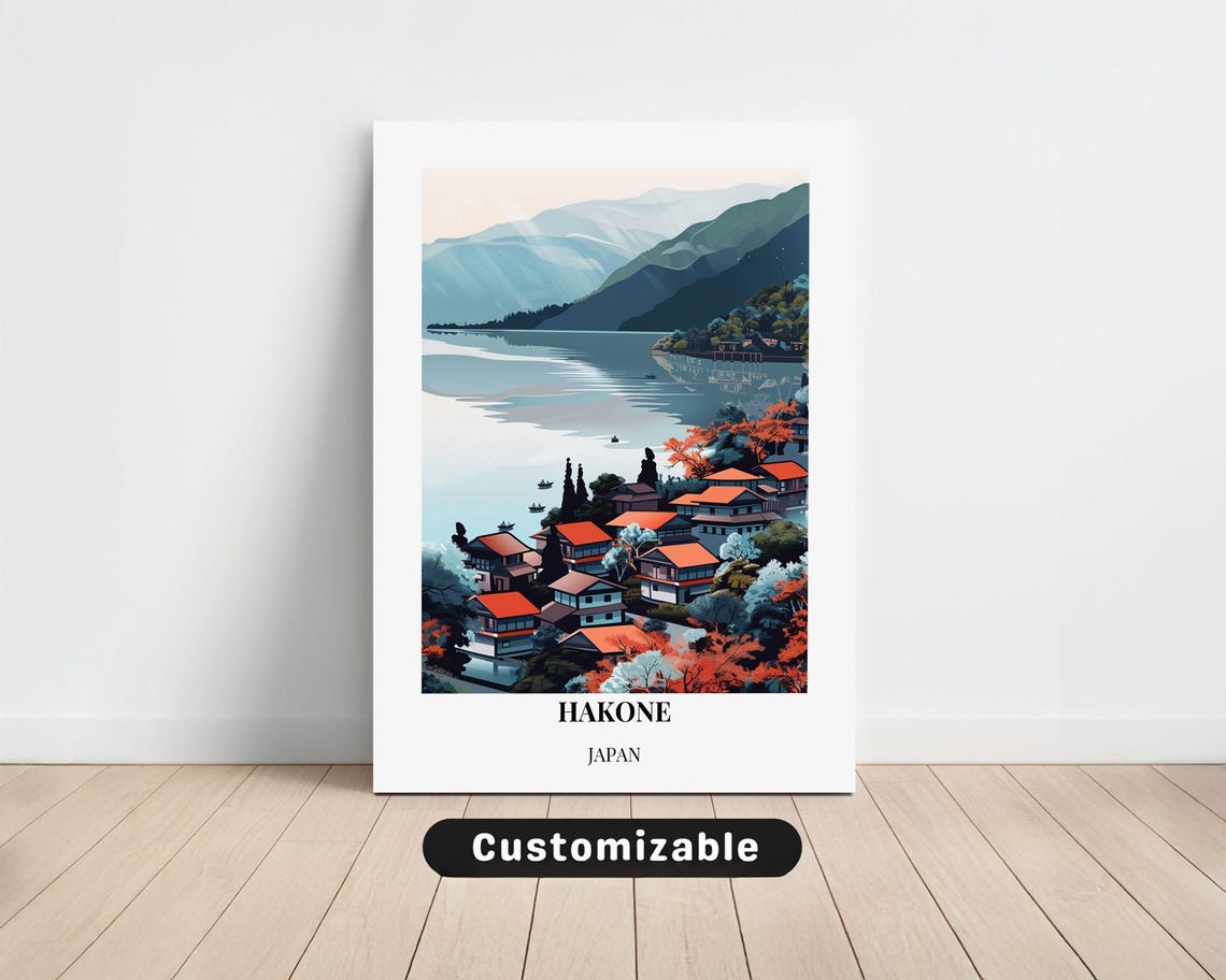 Serene Hakone Japan Lakeside Town Autumn Foliage Travel Poster Art