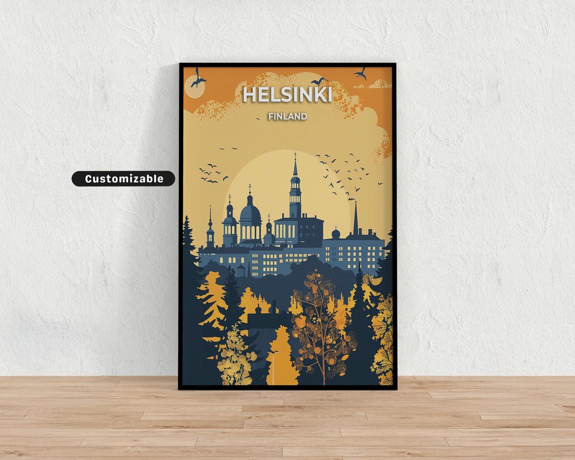 Helsinki Finland Sunset Travel Poster Customizable Harbor Skyline Art
