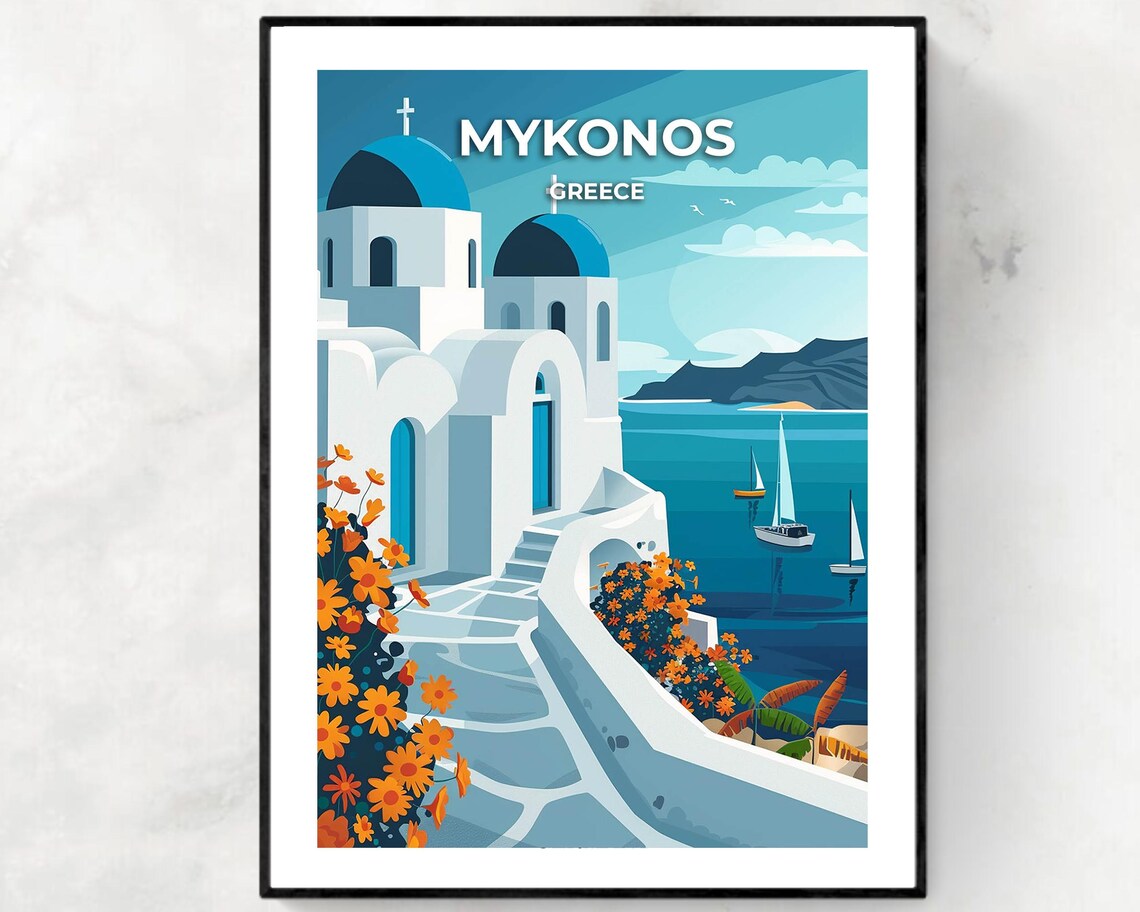 Mykonos Greece Blue Domed Church White Alley Flowers Travel Poster