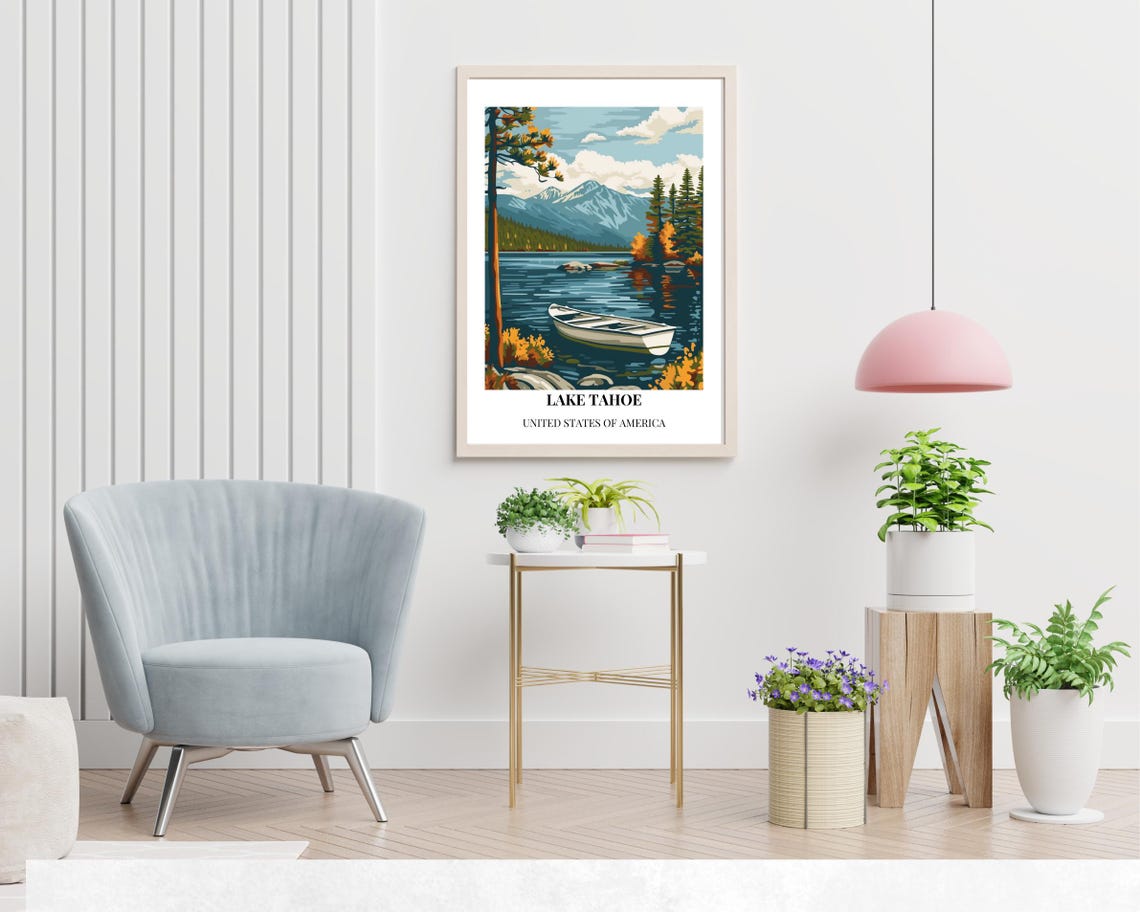 Lake Tahoe California Canoe on Lake Pines Peaks Retro Travel Poster - Image 2