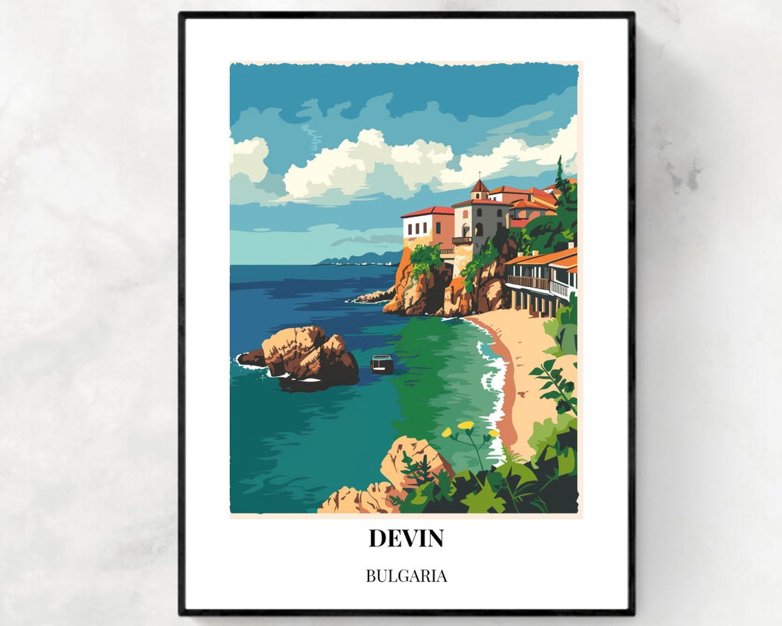 Devin Bulgaria Rocky Cliffs Beach Houses Coast Seaside Travel Poster