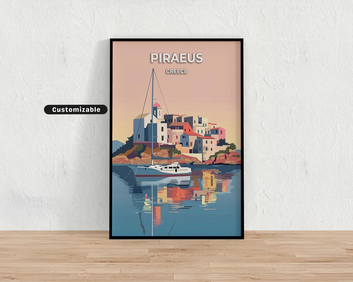 Piraeus Greece Sailboat at Pastel Sunset Harbor Vintage Travel Poster