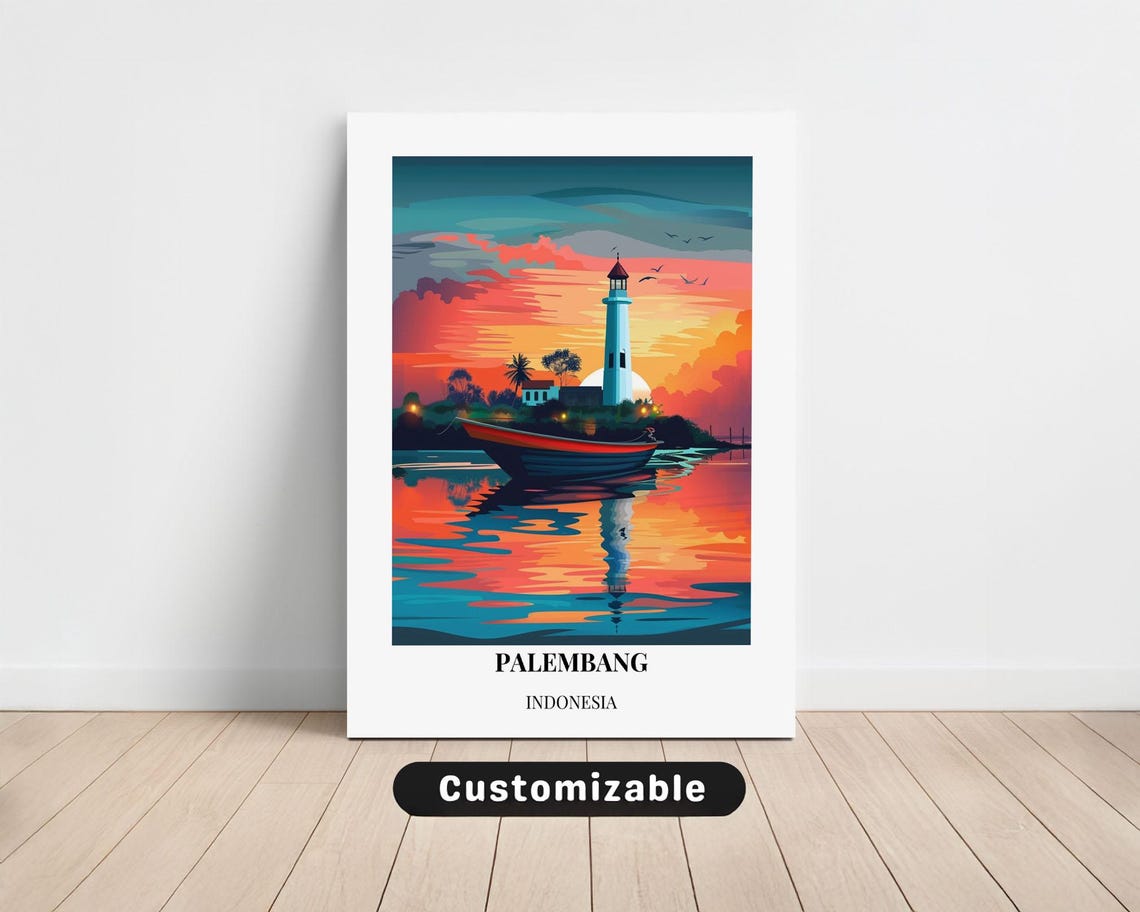 Palembang Indonesia Lighthouse Sunset Harbor Boat Travel Poster