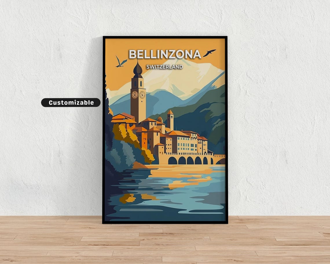 Bellinzona Switzerland Castle Riverside Vintage Travel Poster