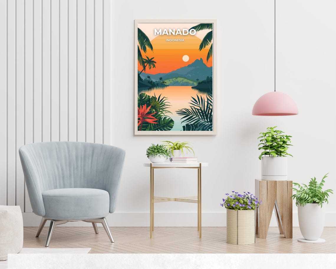 Manado Indonesia Tropical Sunset Palms Retro Vintage Travel Poster - Image 2