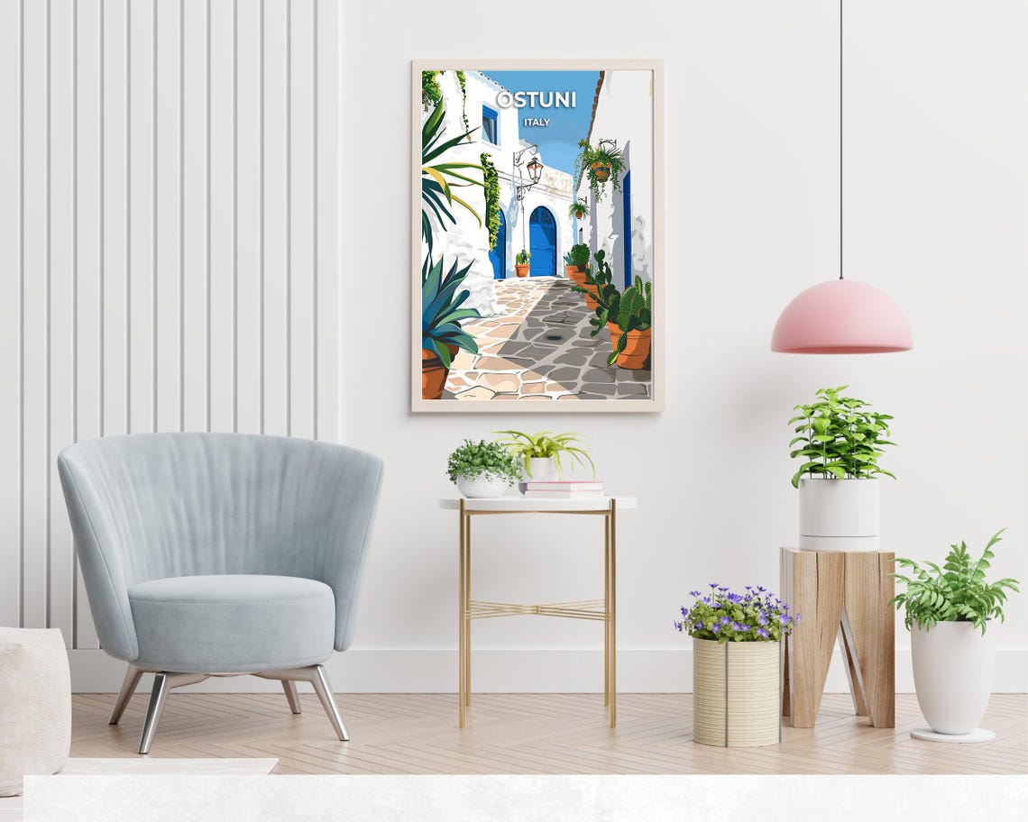 Ostuni Italy Sunlit Whitewashed Alley Blue Doors Vintage Travel Poster - Image 2