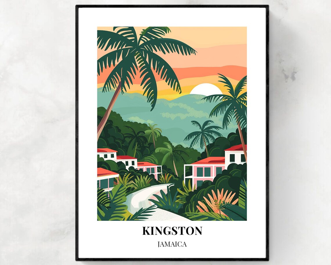 Kingston Jamaica Tropical Sunrise Palms Over Hillside Cottages Poster