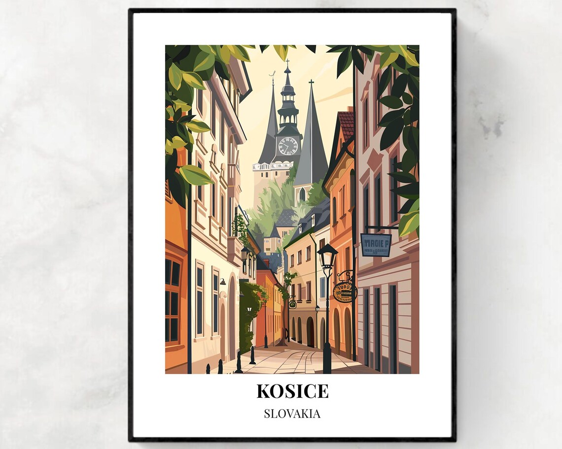 Kosice Slovakia Charming Old Town Street and Church Spires Poster