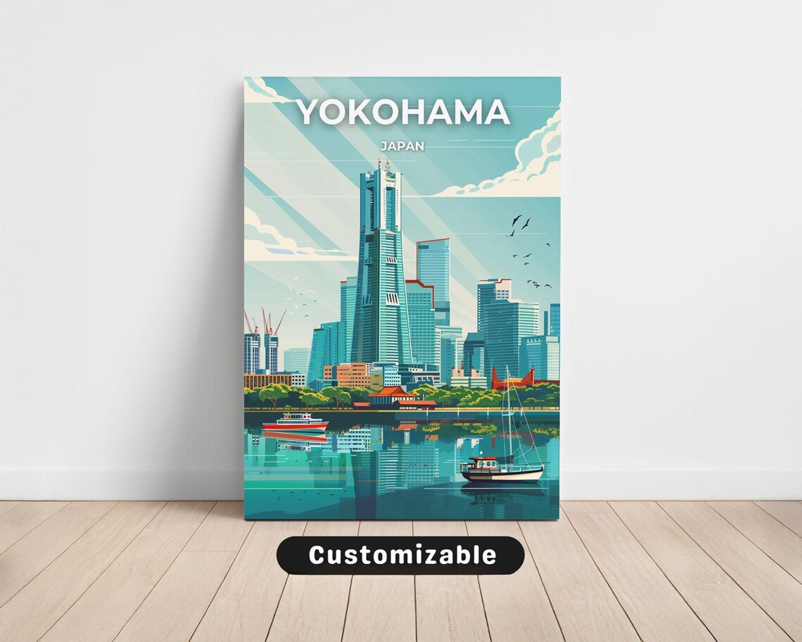 Yokohama Japan Harbor Skyline Retro Vintage Style Travel Poster