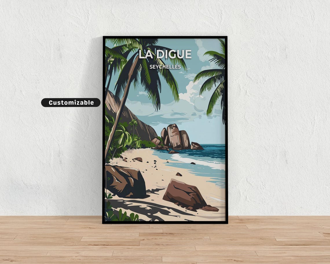 La Digue Seychelles Granite Boulders Beach Vintage Travel Poster