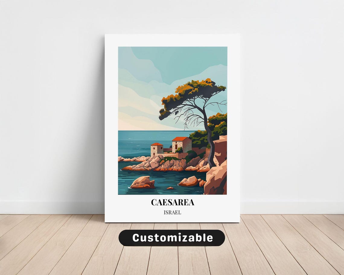 Caesarea Israel Travel Poster Rocky Shore Old Buildings Sea View