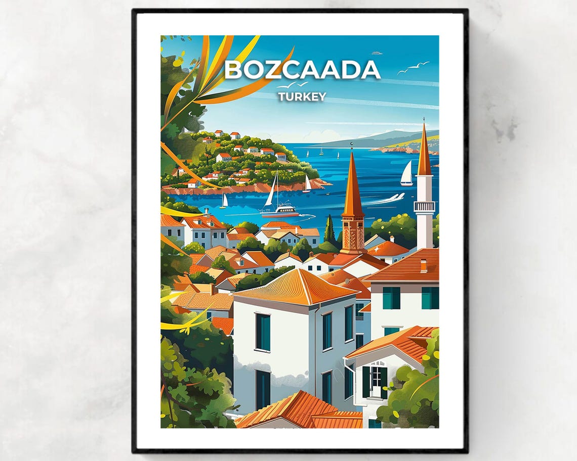 Bozcaada Turkey Island Town Sailboats Minarets Travel Poster
