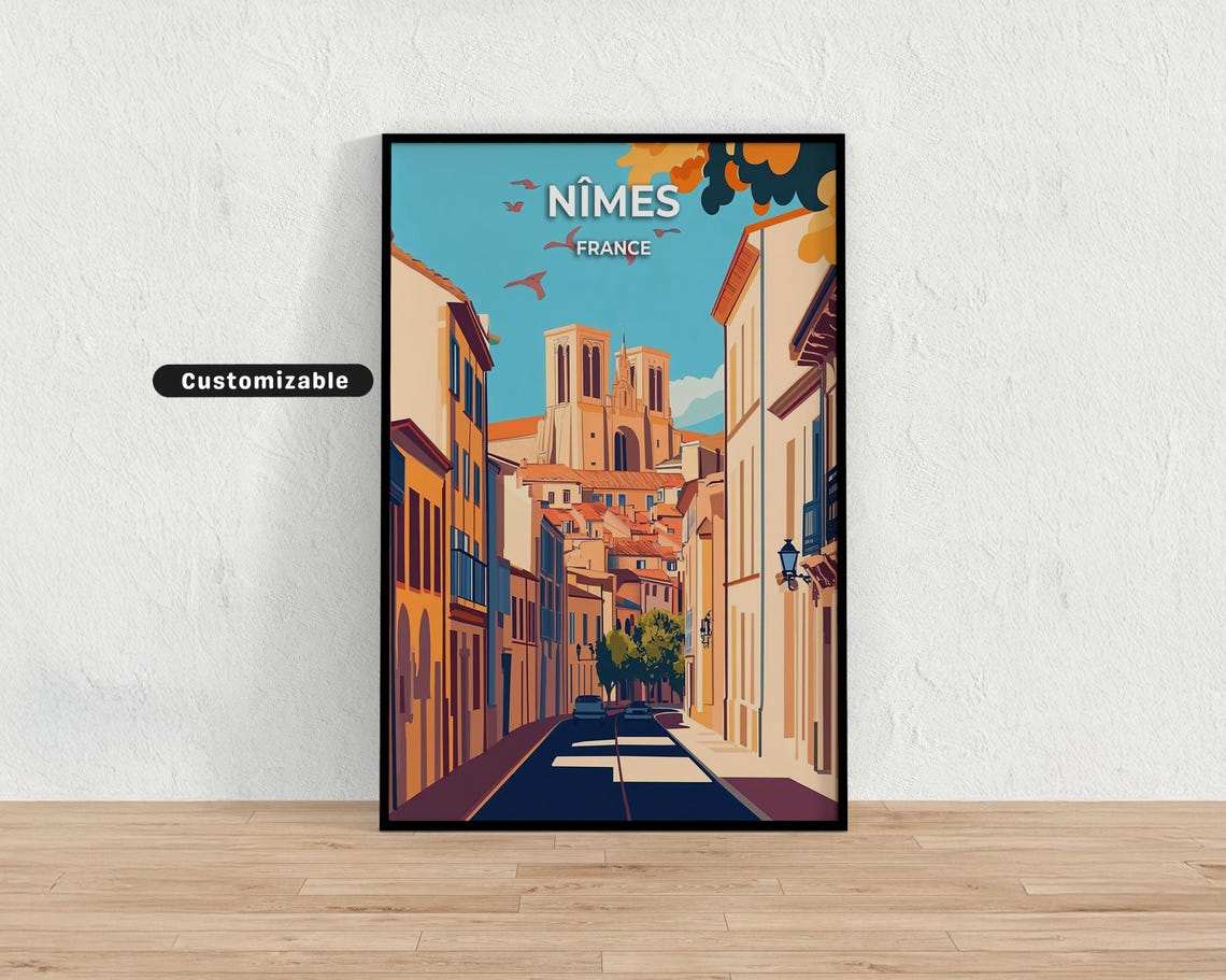Nimes France Old Town Street Cathedral Towers Vintage Travel Poster