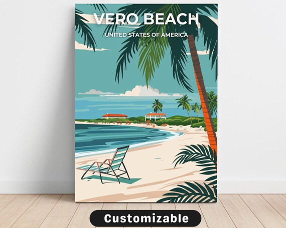 Vero Beach USA Vintage Travel Poster Palm Trees Beach Chair Decor Style