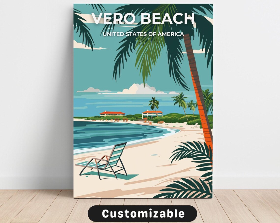 Vero Beach USA Vintage Travel Poster Palm Trees Beach Chair Decor Style