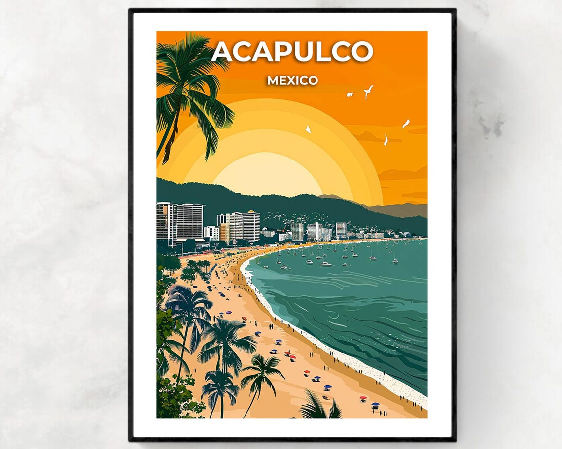 Acapulco Mexico Sunset Beach Bay and Cityscape Travel Poster