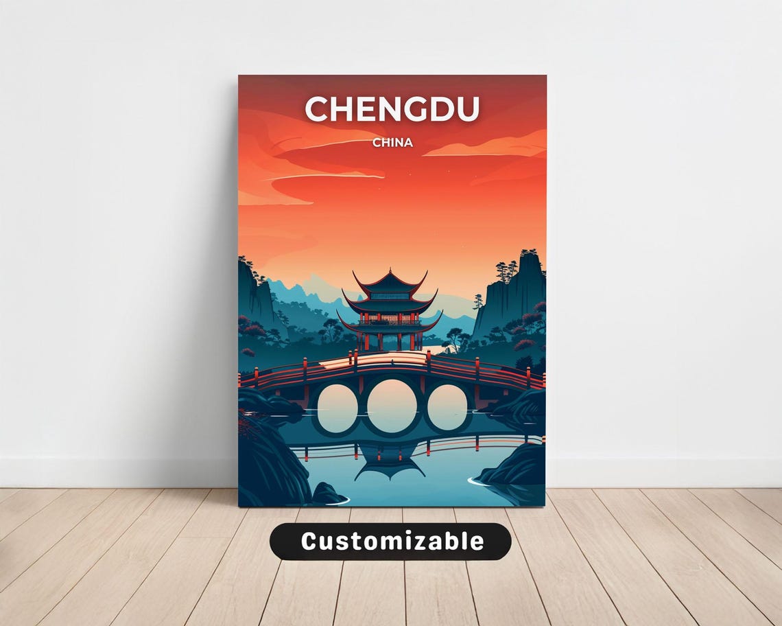 Chengdu China Pagoda Red Sunset Bridge Reflection Travel Poster