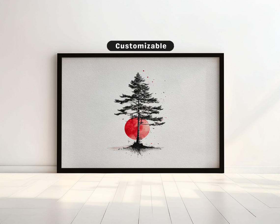 Minimalist Pine Tree Drawing With Rising Red Sun Japanese Wall Art Print Zen Asian Decor
