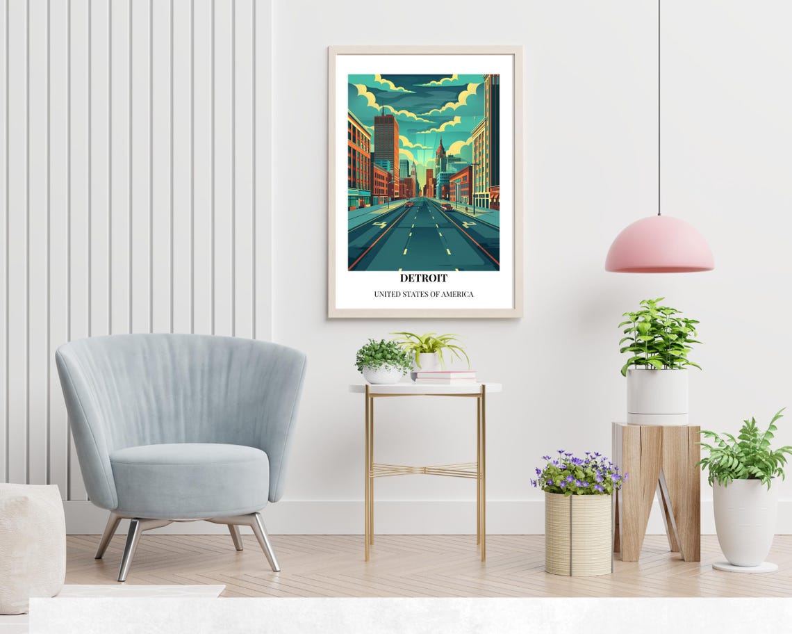Detroit Michigan Downtown Avenue Skyline Vintage Travel Poster - Image 2