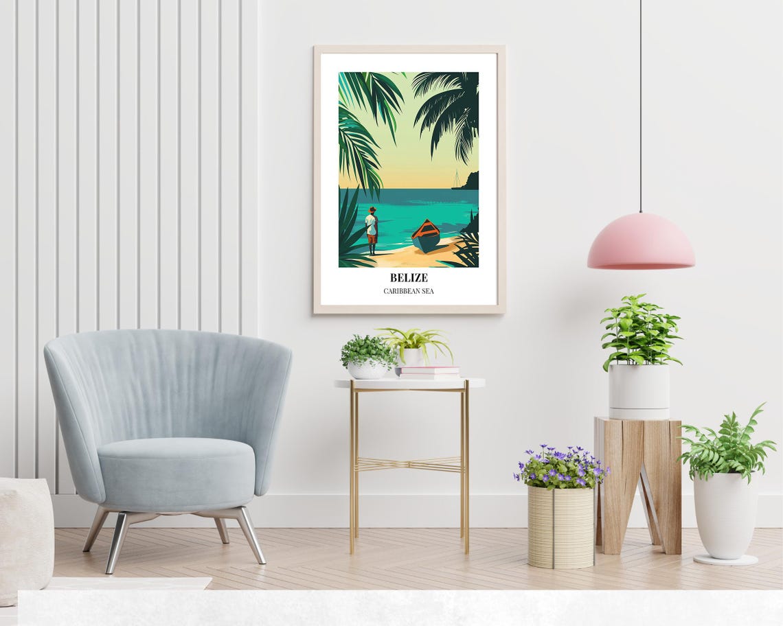 Belize Caribbean Sea Fisherman Boat Tropical Beach Scene Poster - Image 2