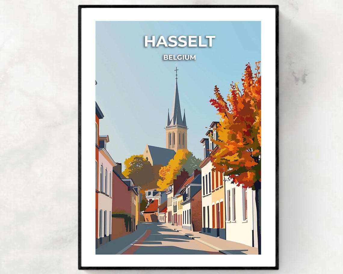 Hasselt Belgium Church Spire Street Autumn Vintage Travel Poster
