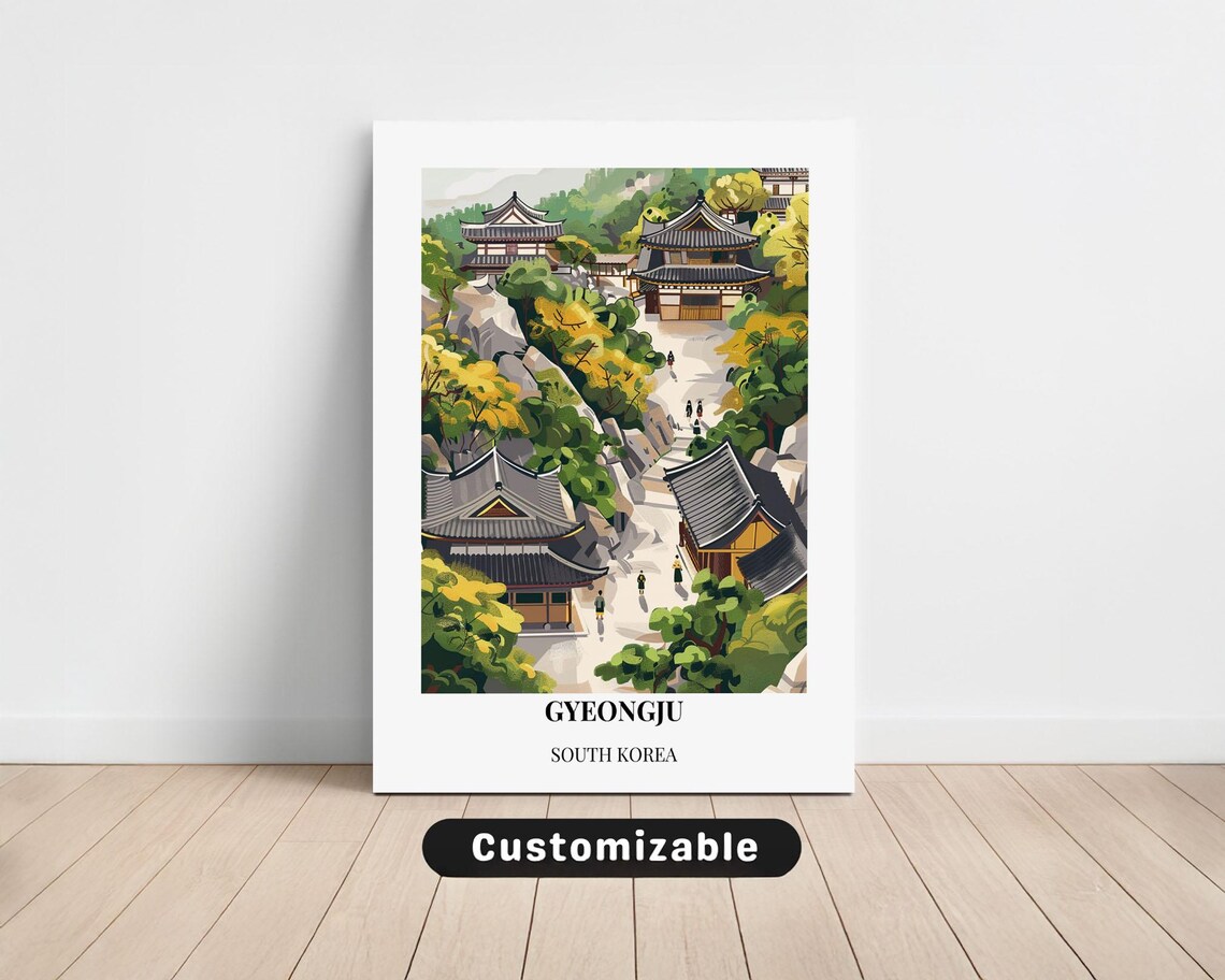 Gyeongju South Korea Temple Courtyard Travel Illustration Poster