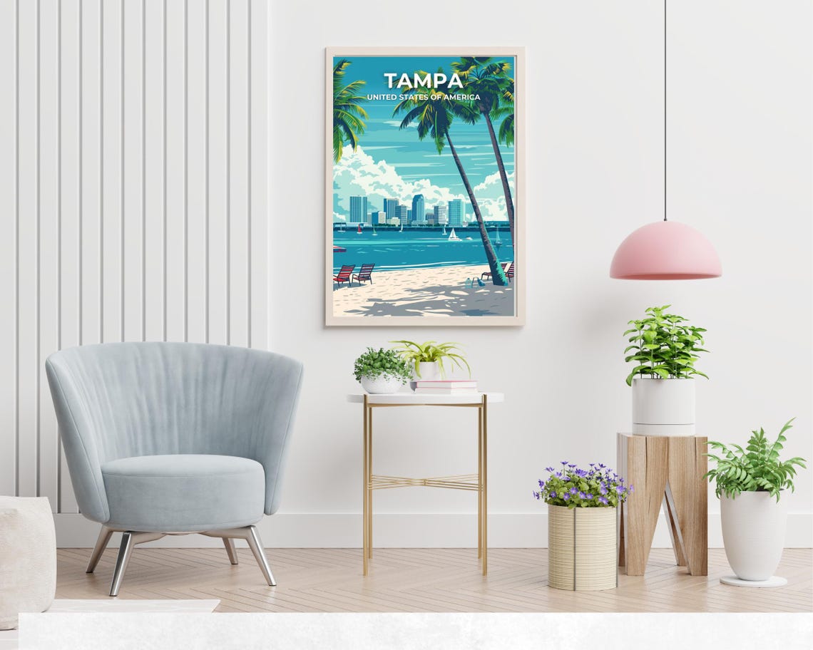 Tampa Florida Beach Palms Skyline Sailboats Top Title Travel Poster - Image 2