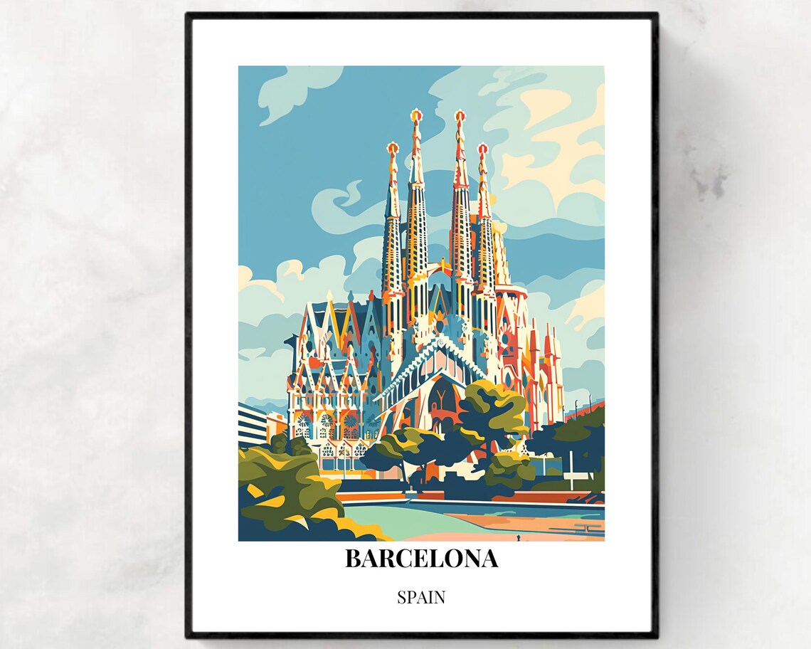 Barcelona Spain Sagrada Familia Cathedral Daytime Travel Poster