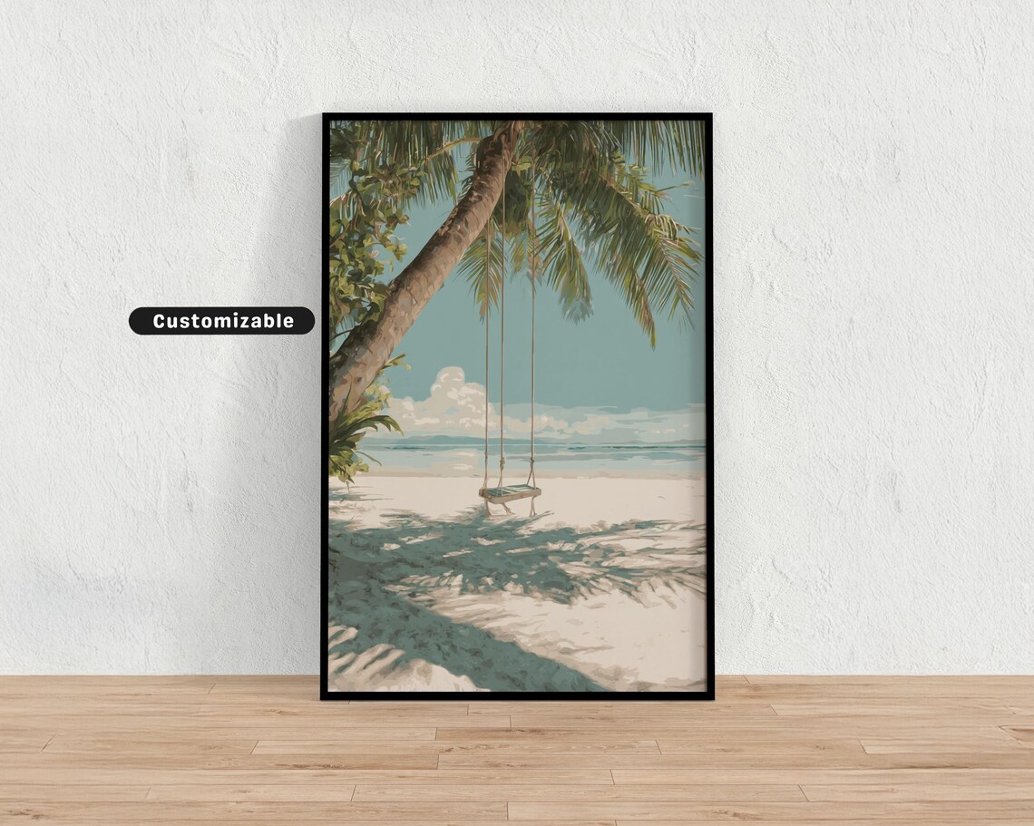 Palm Tree Beach Swing White Sand Turquoise Sea Tropical Escape Art Print