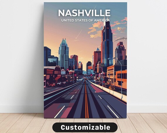Nashville Skyline Sunset Highway United States Travel Poster