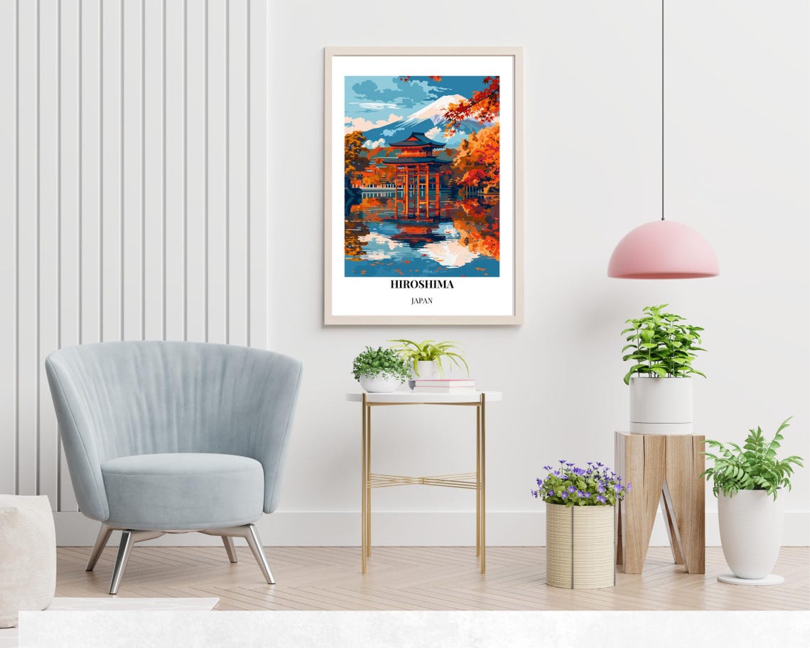 Hiroshima Japan Autumn Pavilion Lake Snowy Peak Reflection Poster - Image 2