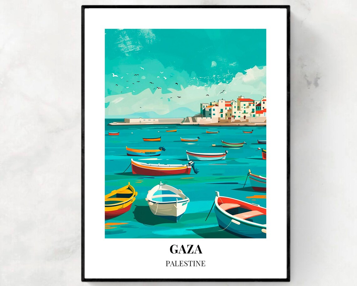 Gaza Harbor Colorful Wooden Fishing Boats Turquoise Sea Poster