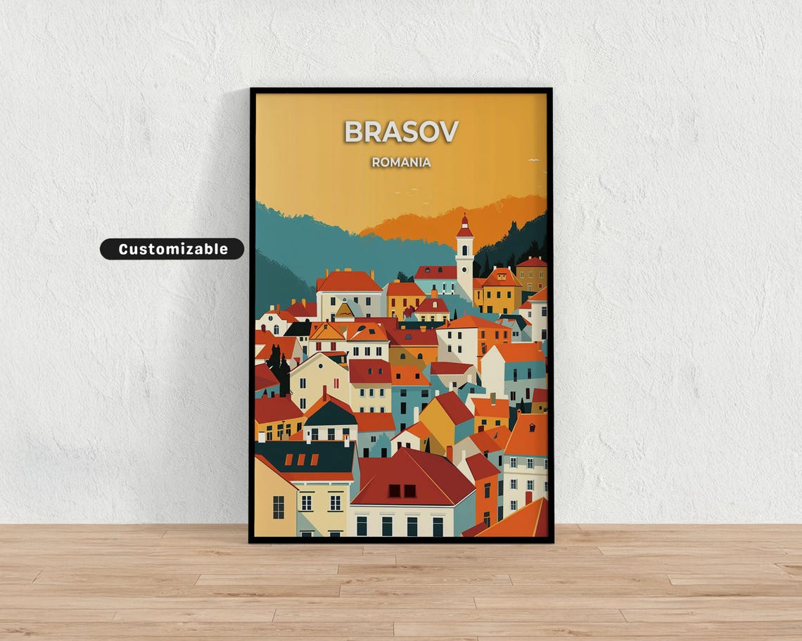 Brasov Romania Old Town Orange Rooftops Mountain Custom Travel Poster